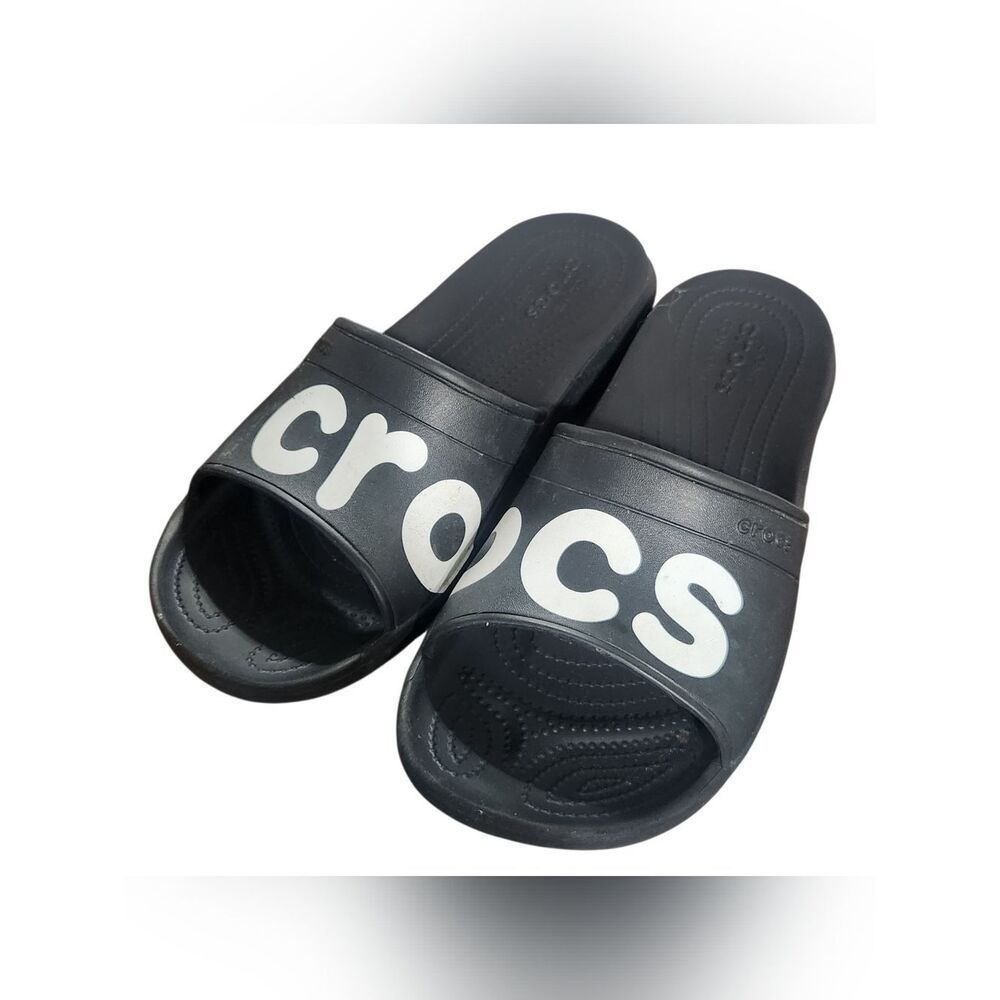 Crocs Black Slides Iconic Classic Sandals Graphic Spell Out Mens 11 Black Unisex